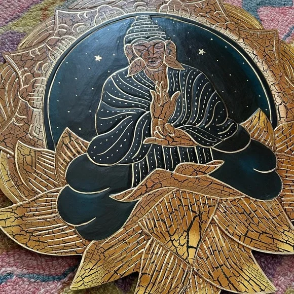 Vintage 15.5" Crackled Wood Handcarved Gold and Black Buddha Wall Art Indonesia - Picture 2 of 15